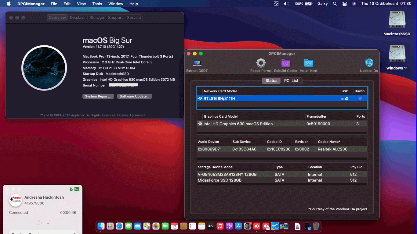 Success Hackintosh macOS Big Sur 11.7.10 Build 20G1427 in HP 15-DA0030TU
